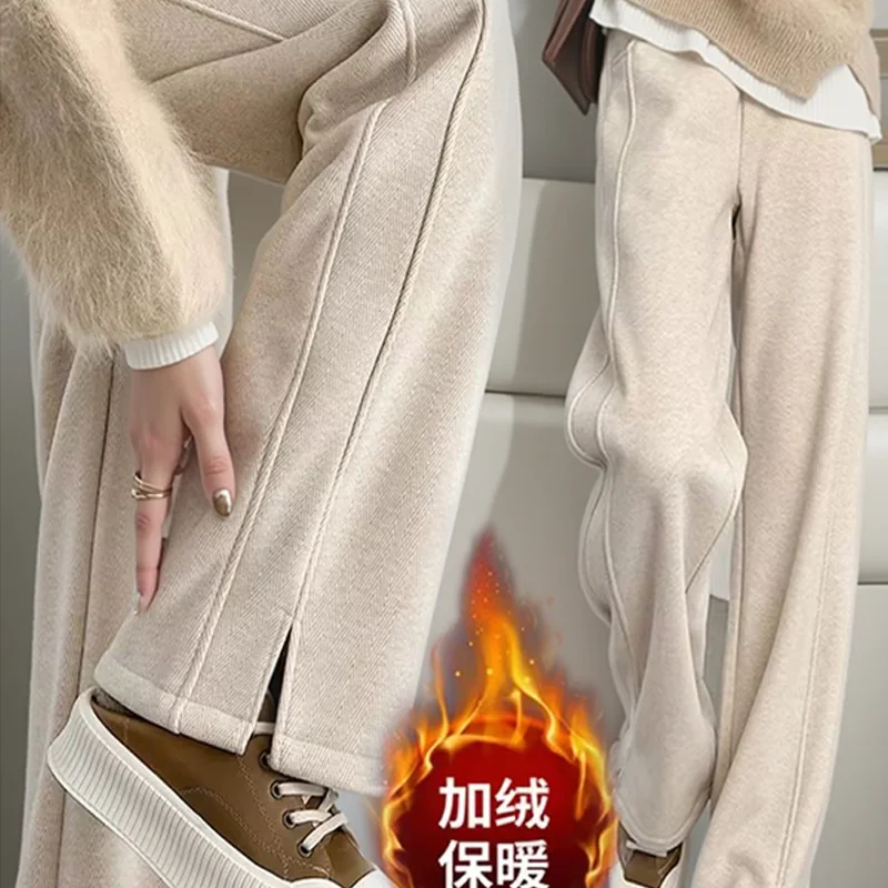 سراويل نسائية متعرجة مقاس كبير لخريف/شتاء نمط جديد سبليت وقطيفة سميكة مستقيمة الساق سراويل غير رسمية متعددة الاستخدامات