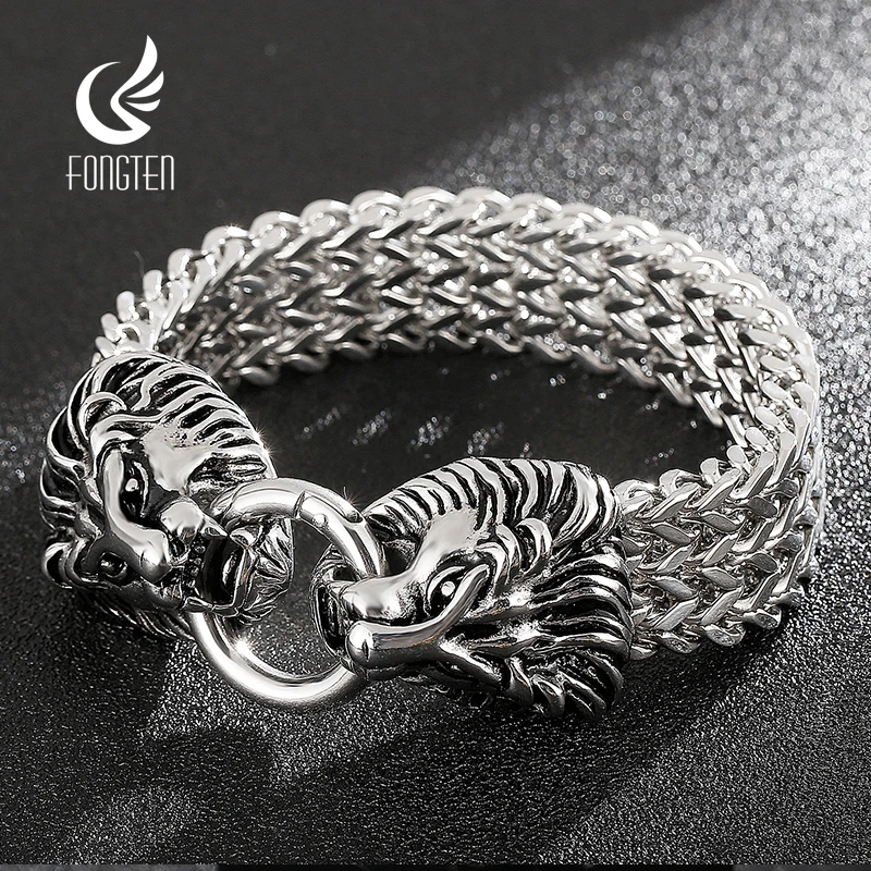 

Fongten Wolf Skull Lion Men Bracelet Stainless Steel Heavy Large Chain Wristband Bangle Bracelets For Men Multiple Color Jewelry