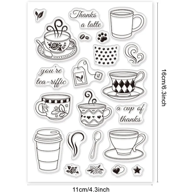 1Sheet Coffee Cup Silicone Clear Stamps with Flower and Spoon Pattern for Christmas Birthday Cards Making DIY Scrapbooking