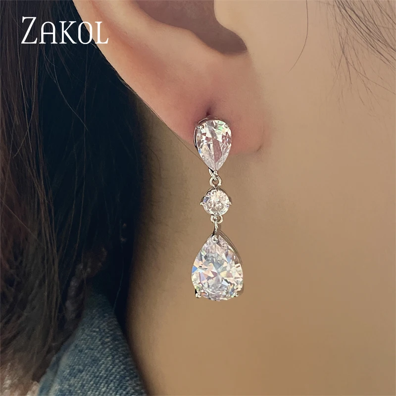 ZAKOL Shinny Zirconia Teardrop Dangle Earring for Women Fashion White Gold Color Bridal Earrings Wedding Jewelry Brincos EP2426