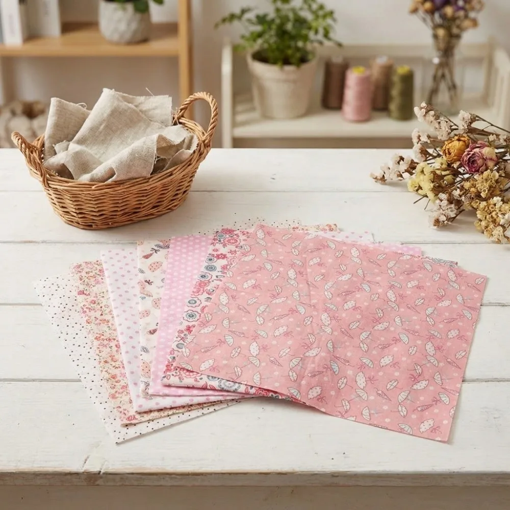 

7PCS Fabric Bundle 50*50CM Pink Cotton Fabric Floral Print Soft Floral Fabric Plain Weave Printed Cotton Handmade Crafts