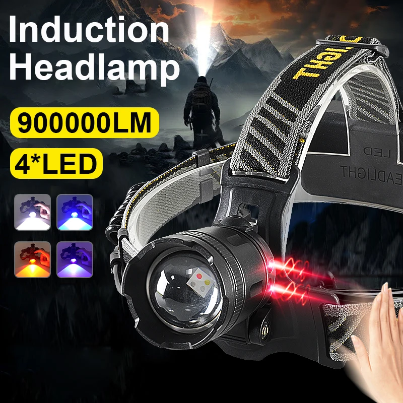 

Super Bright Sensor Headlamp 4*LED USB Rechargeable Head Light Waterproof Fishing Lantern Most Powerful Outdoor Camping Lights