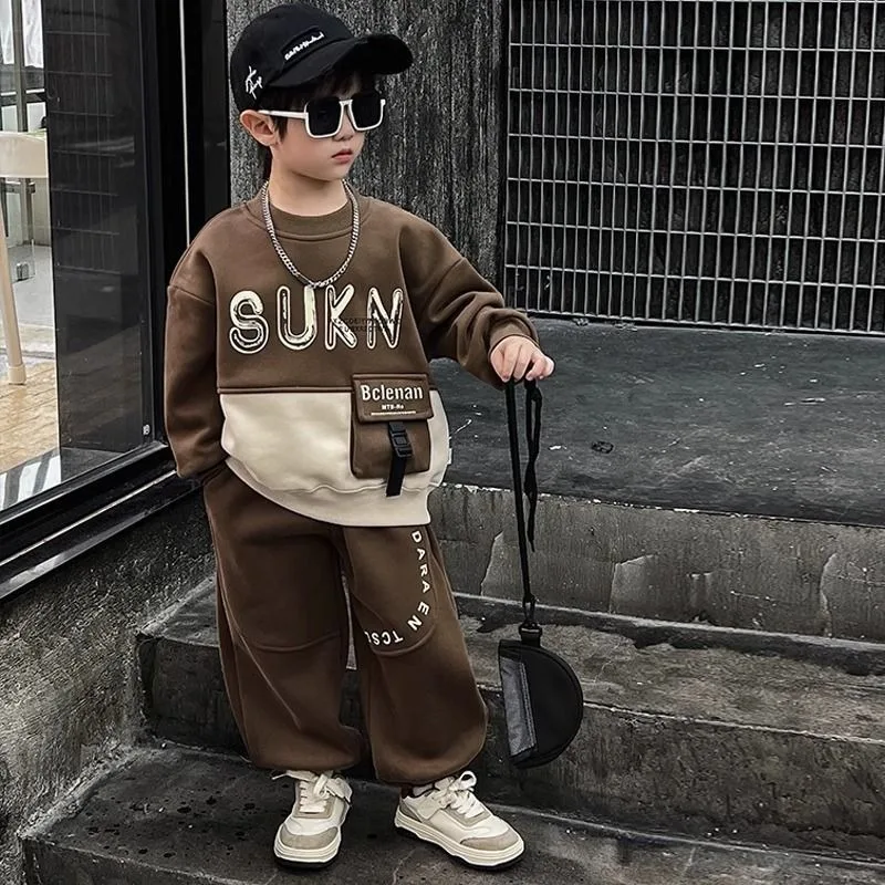 

Fleece-Lined Sweatshirt Set Kids Clothes Boys Sets for Boy Elementary Student Men's Outdoor Children Children's Suit Top Bottom