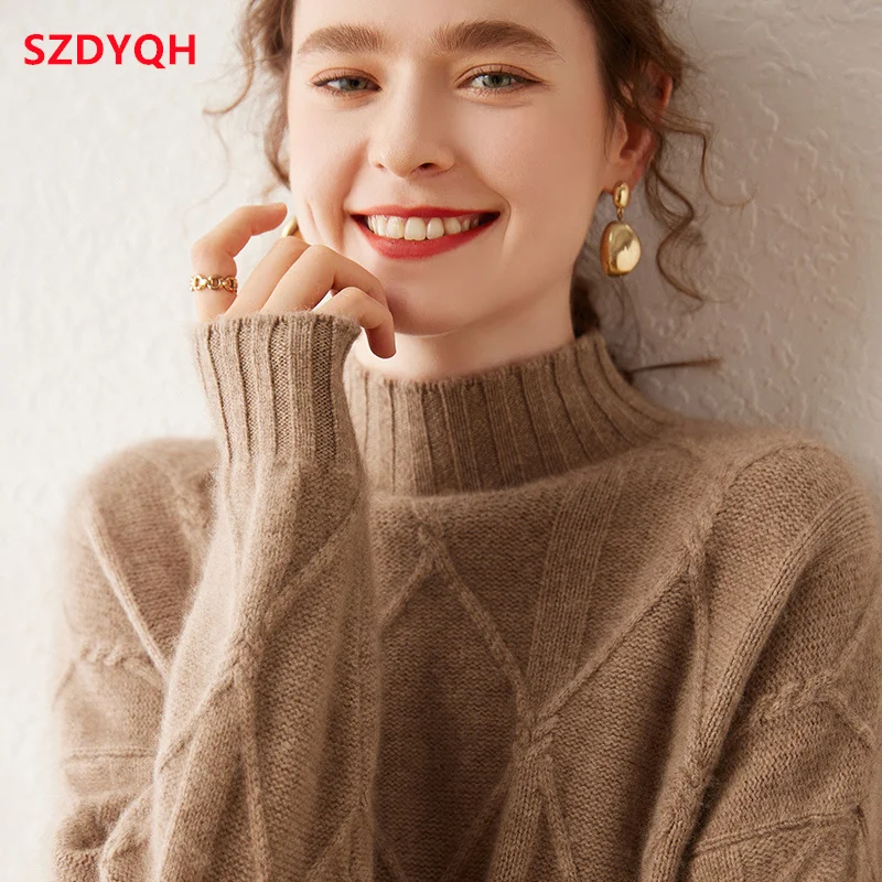 2023 Hot Sale Autumn Winter New 100% Pure Cashmere Sweater Turtleneck Women\'s Thicken Warm Female Loose Large Size Knit Jumper