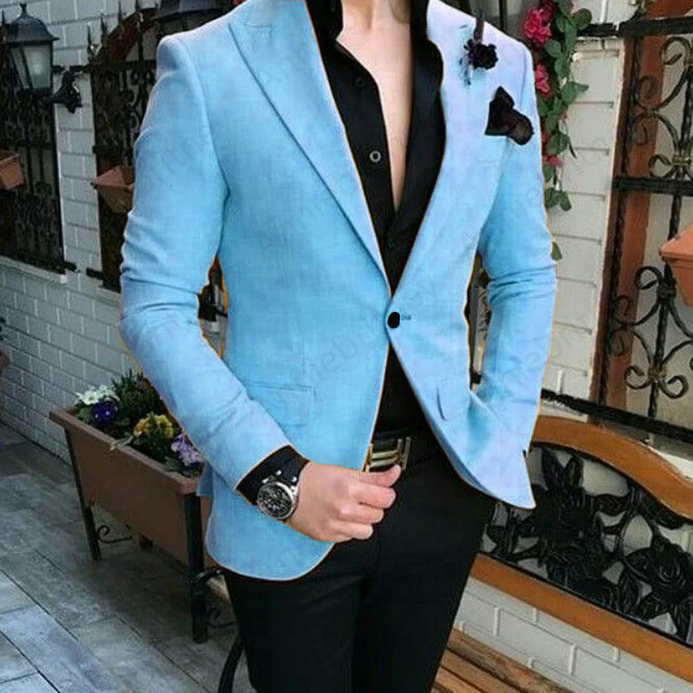 Slim Fit Sky Blue Casual Suits For Men 2 Piece Elegant Dress Men's Suit Custom Made Boyfriend Wedding Blazer Hombre Black Pants