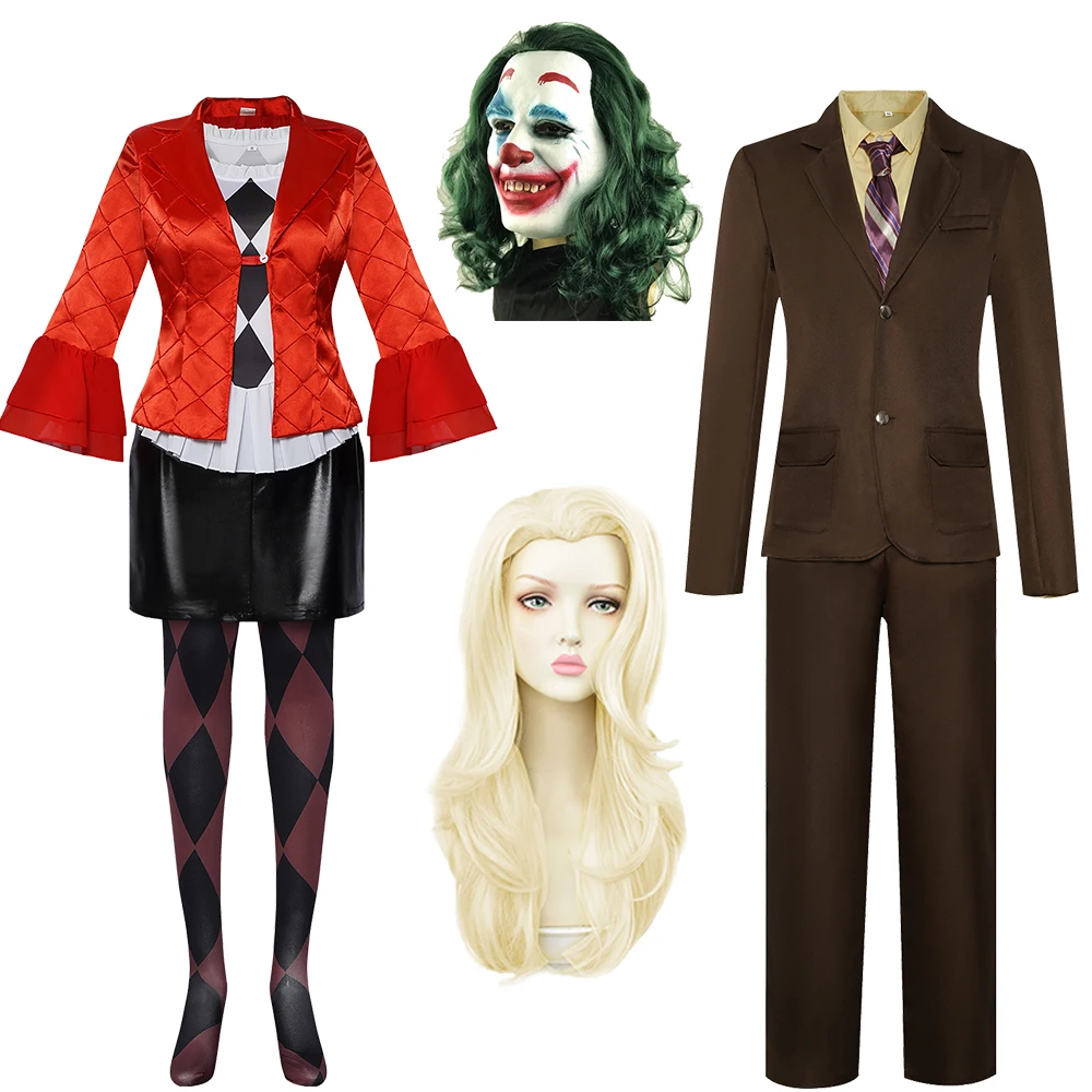 

Haloween New Movie Joker 2 Arthur Fleck Cosplay Costume Party Men Brown Suit Harley Quinn Costume for Women Gaga Red Coats Set