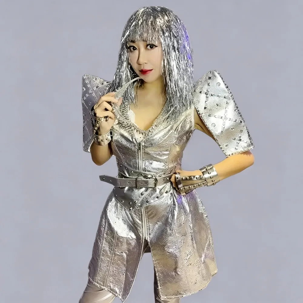 Silver Patent Leather Rivet Shoulder Pads Overcoat Bar Nightclub Women Singer Concert Stage Performance Coat Drag Queen Costume