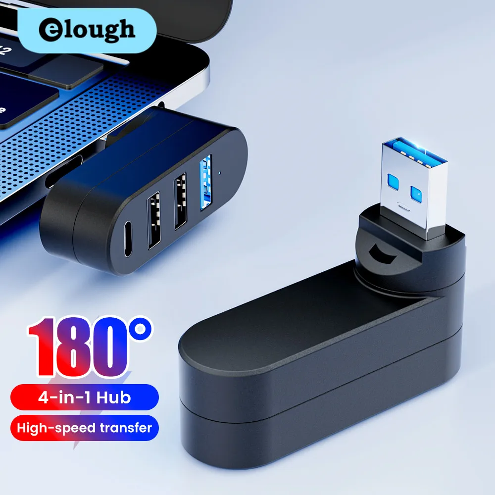 Elough Mini 180° °   Obrotowy 4-portowy koncentrator USB 3.0 2.0 typu C Szybki rozdzielacz danych U Disk do laptopa MacBook PC