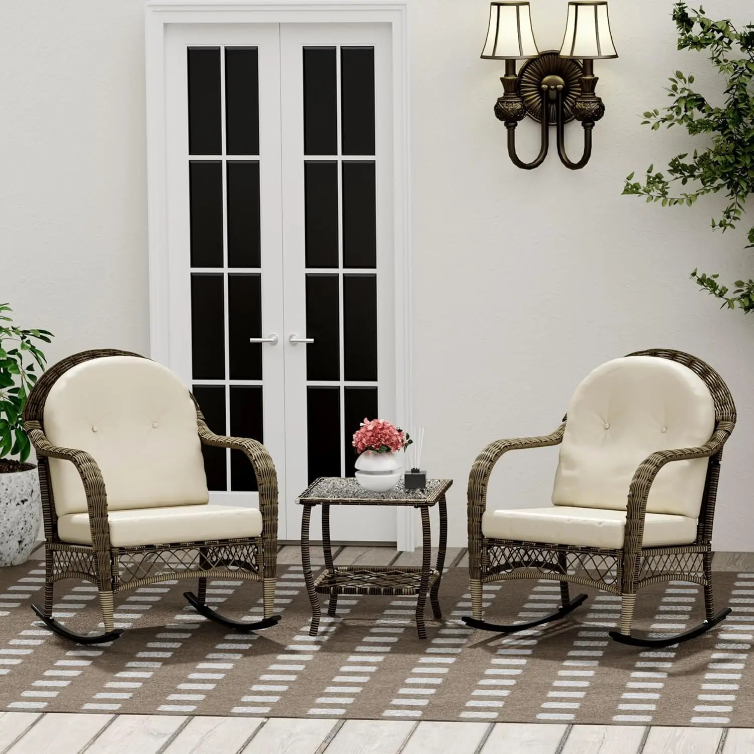 

DECMICO Wicker Rocking Chair Set of 2, Rattan Outdoor Rocker Chairs,Patio Conversation Bistro Set with Cushions .