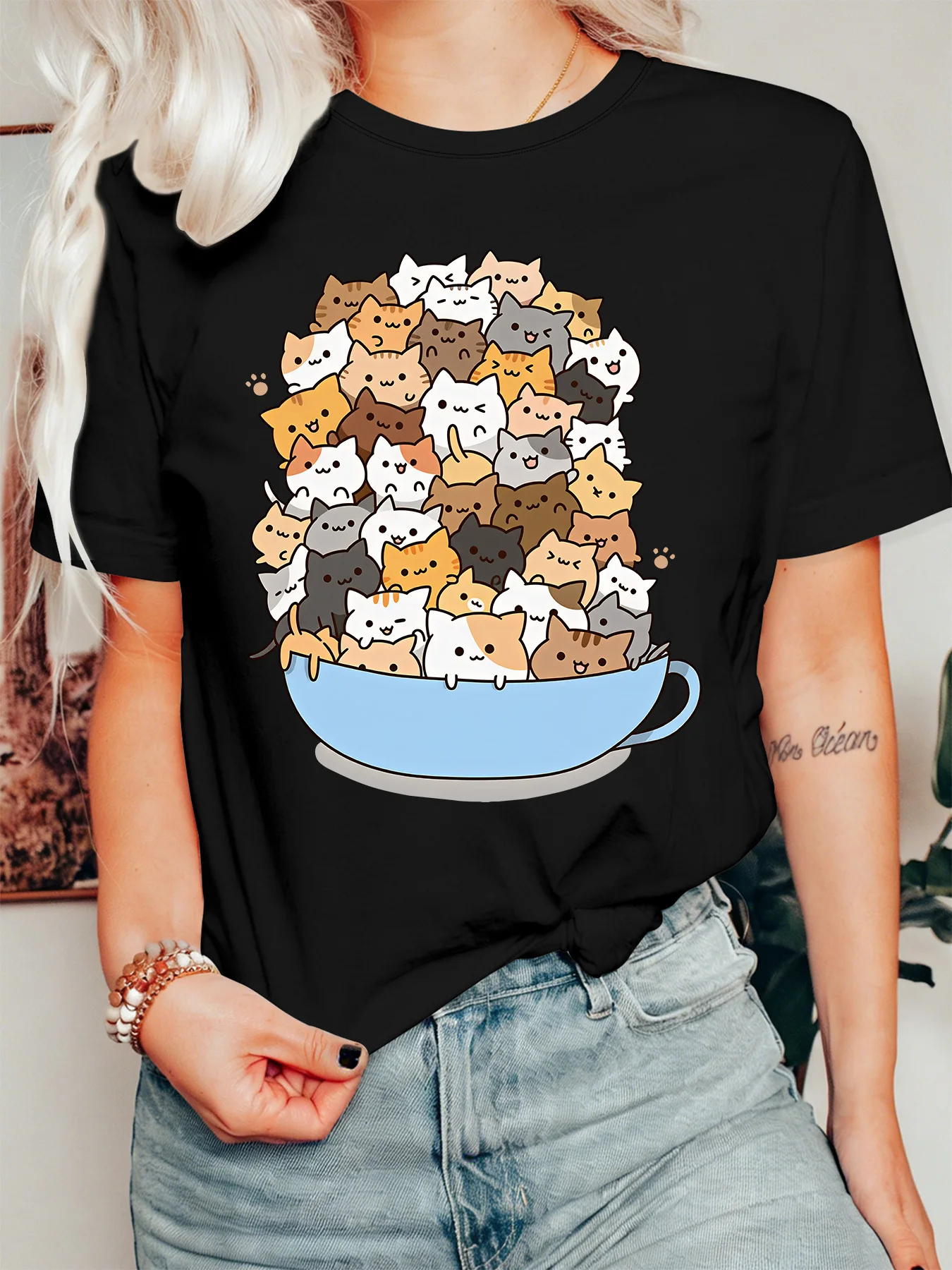 Cute Bowl Full Of Kittens Womens Crew Neck Short Sleeve T Shirt Multiple Cats Kawaii Cartoon Casual Graphic Tees For Ladies