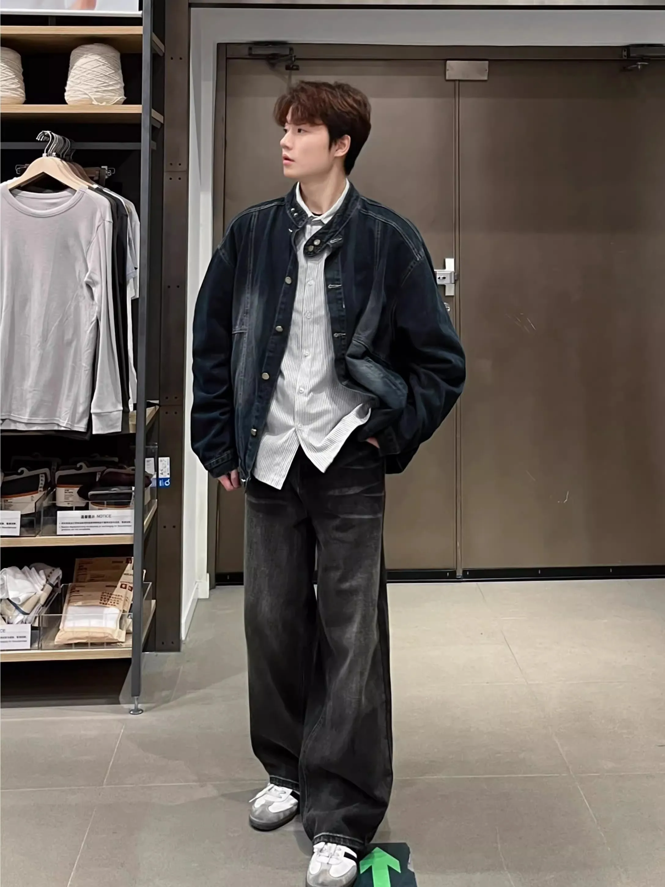 

Ретро-японская мужская джинсовая куртка свободного кроя с воротником-стойкой, модная новинка для весны и осени, рабочая одежда, верхняя одежда