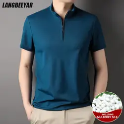 Camiseta de seda de morera con cremallera para hombre, Polo liso de marca de lujo, Tops informales de manga corta, ropa a la moda, 4.7%