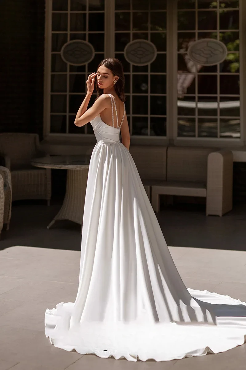 Cintas de espaguete vestidos de casamento a linha com decote em v plissados vestidos de noiva sexy lado split vestidos de festa de casamento 2025 vestidos de fiesta