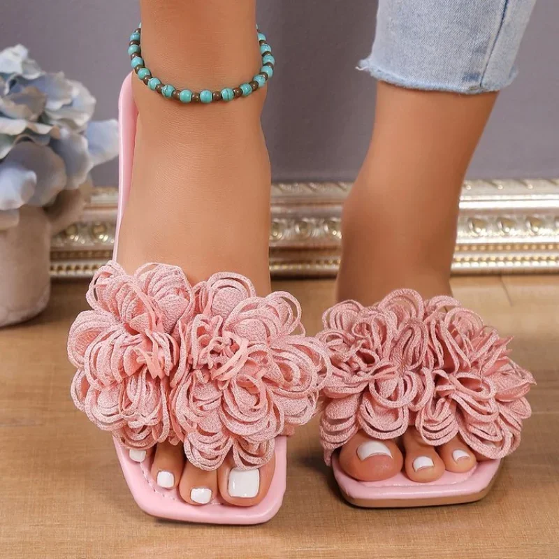 Women Flower Flat Slippers Casual Walking Shoes Female  Summer Fashion Dress Sandals Outdoor Pink Shallow Zapatillas Mujer