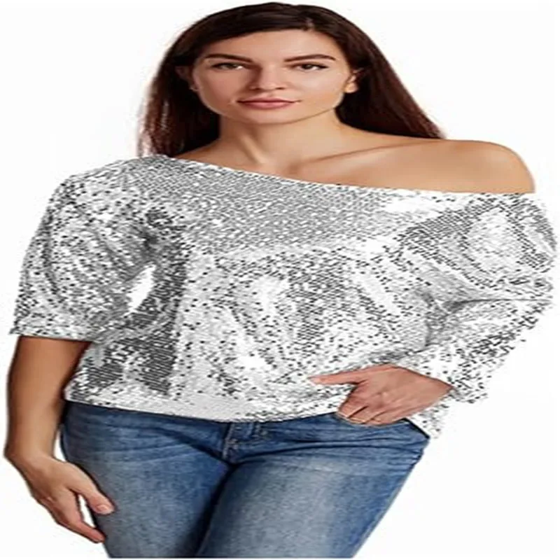 2025 European and American new style loose sequin sloping shoulder short sleeved casual sequin deep V-shirt