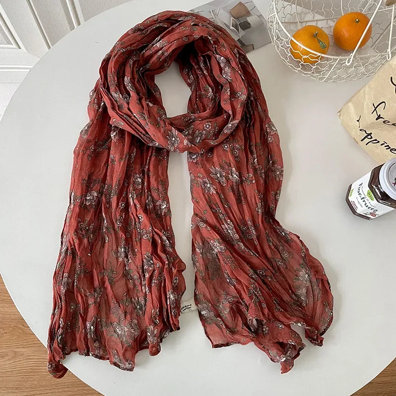 Literary Artistic Retro Small Floral Cotton Linen Scarf Simple Versatile Women Spring Summer Thin Pleated Neck Protection Long