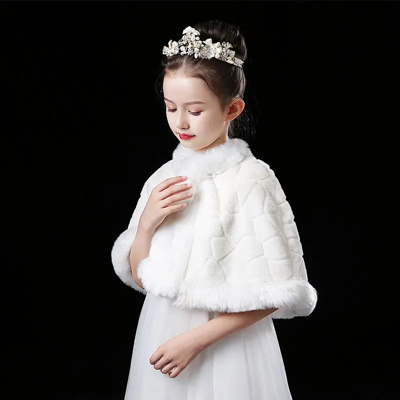 Girls Faux Fur Wedding Party Jacket White Wraps Shawl Cape Stole Girls Bolero Shrug For Children Winter Kids Warm Coat 2-12T