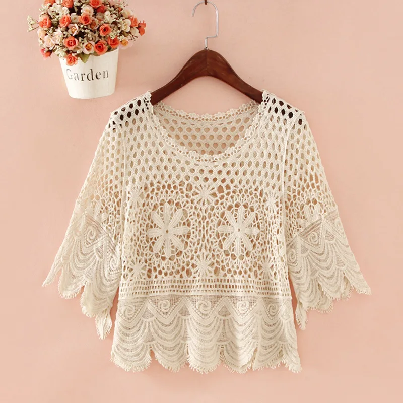 Camisa de punto de malla para mujer, Top suelto, blusa ahuecada, manga corta de campana, primavera y verano, venta al por mayor