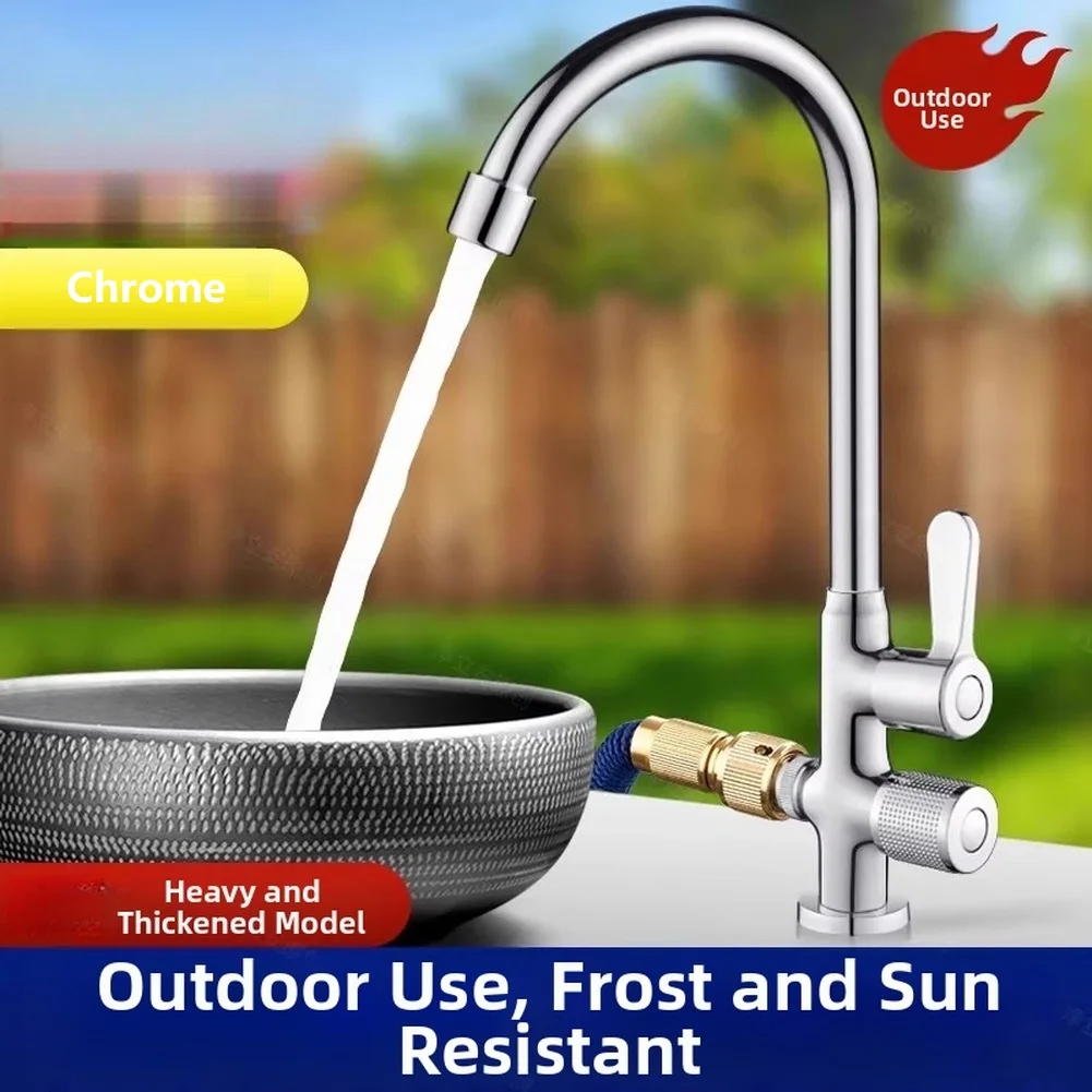 Zinc Alloy Outdoor Faucet 360 Rotatable Dual Outlet for Garden Balcony Yard Car Washing Chrome Plated Rust Resistant