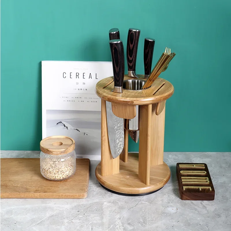 

Вращающийся деревянный держатель для ножей, держатель для инструментов, кухонная настольная полка, многофункциональная стойка для хранения палочек для еды, клетка, сливная стойка, стойка для ножей