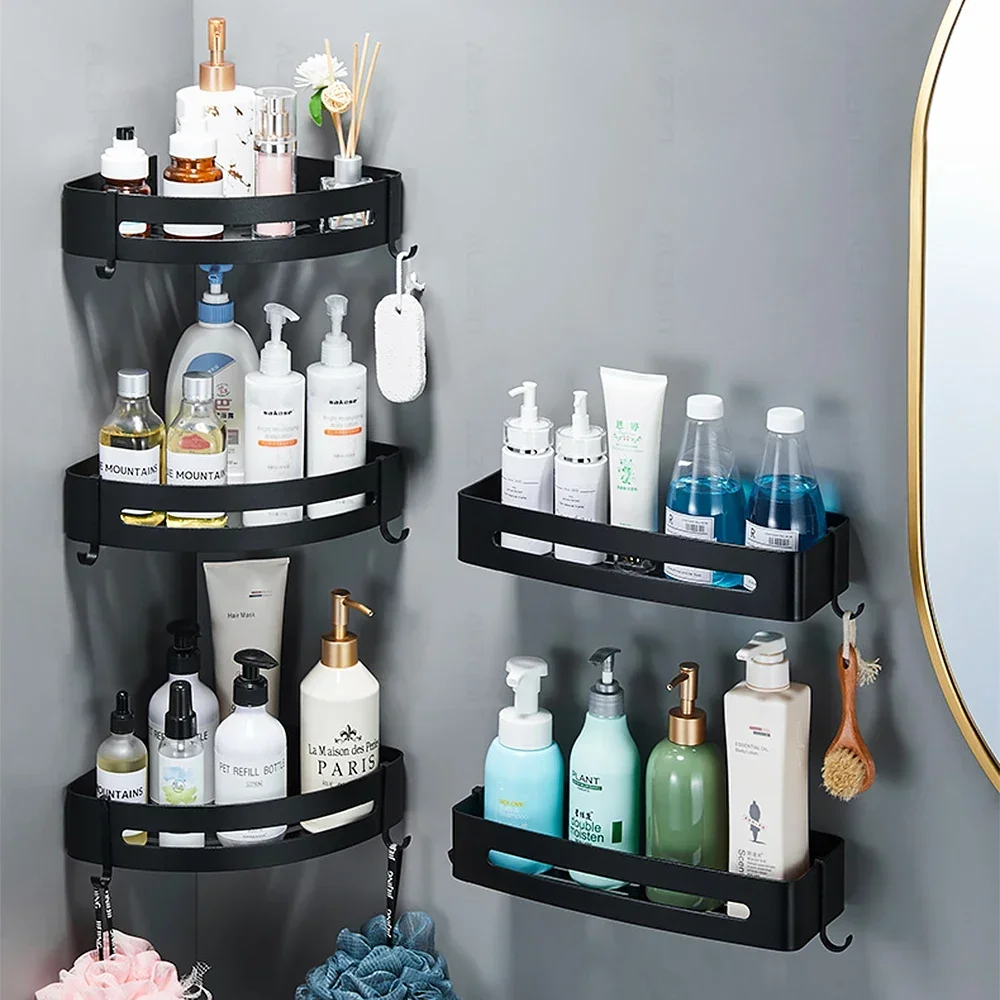 Corner Shelf Black Shower Storage Rack Aluminum Shampoo Holder Wall Mounted Organizer Hanger Bathroom Caddy Kitchen Accessories