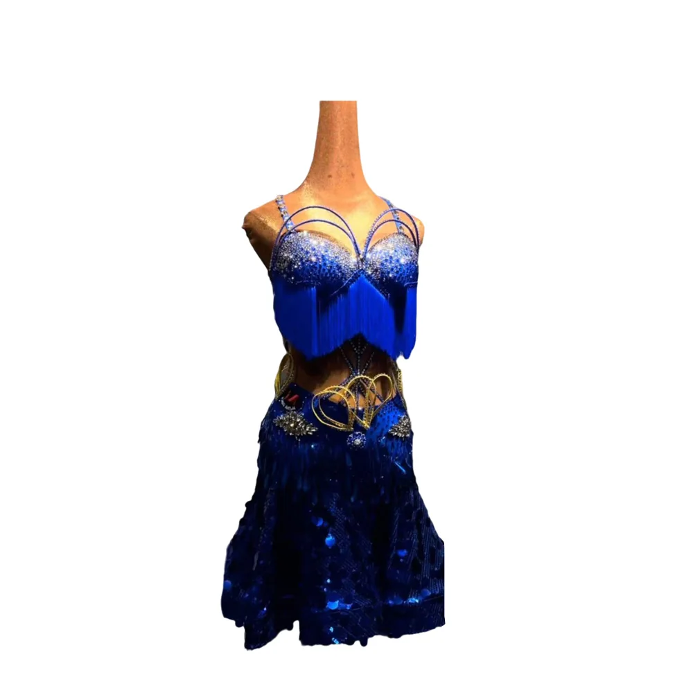 Latin Dancer Adult Children High-End Customized Blue Gold Sparkling Split Sequin Tango Samba AB Stone Performance Dress