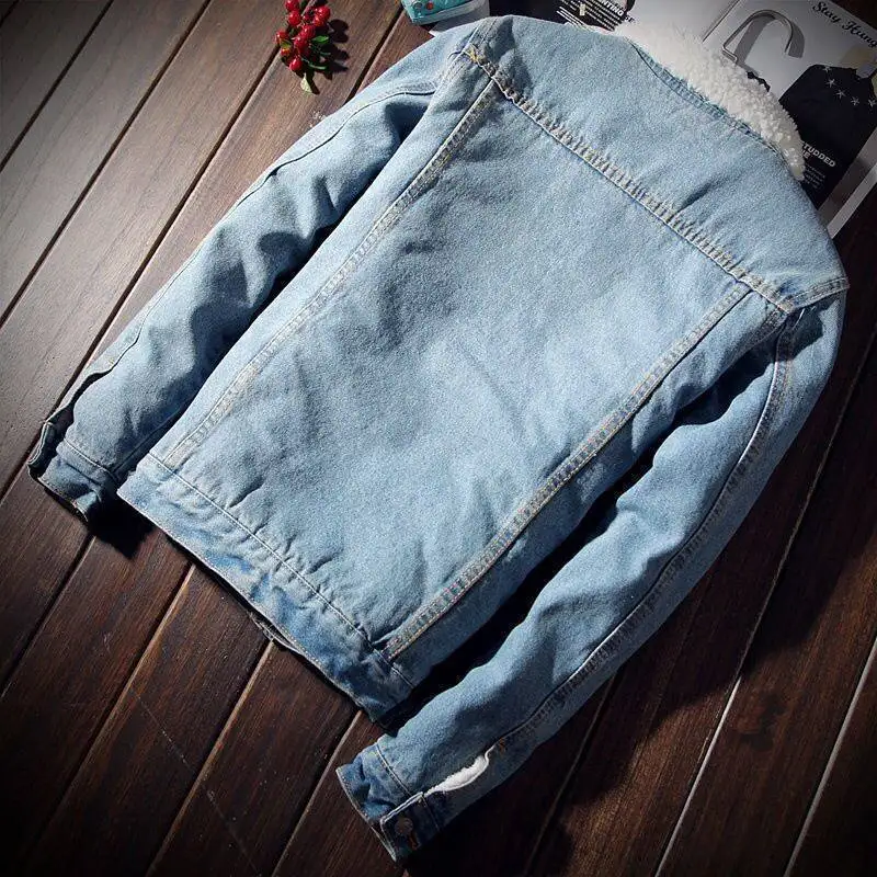 Plus Size Winter Fleece-lined Denim Coat Men's Slim Fit Padded Jacket Imitation Lamb Fluff Youth Foreign Trade Cotton-Padded Coa