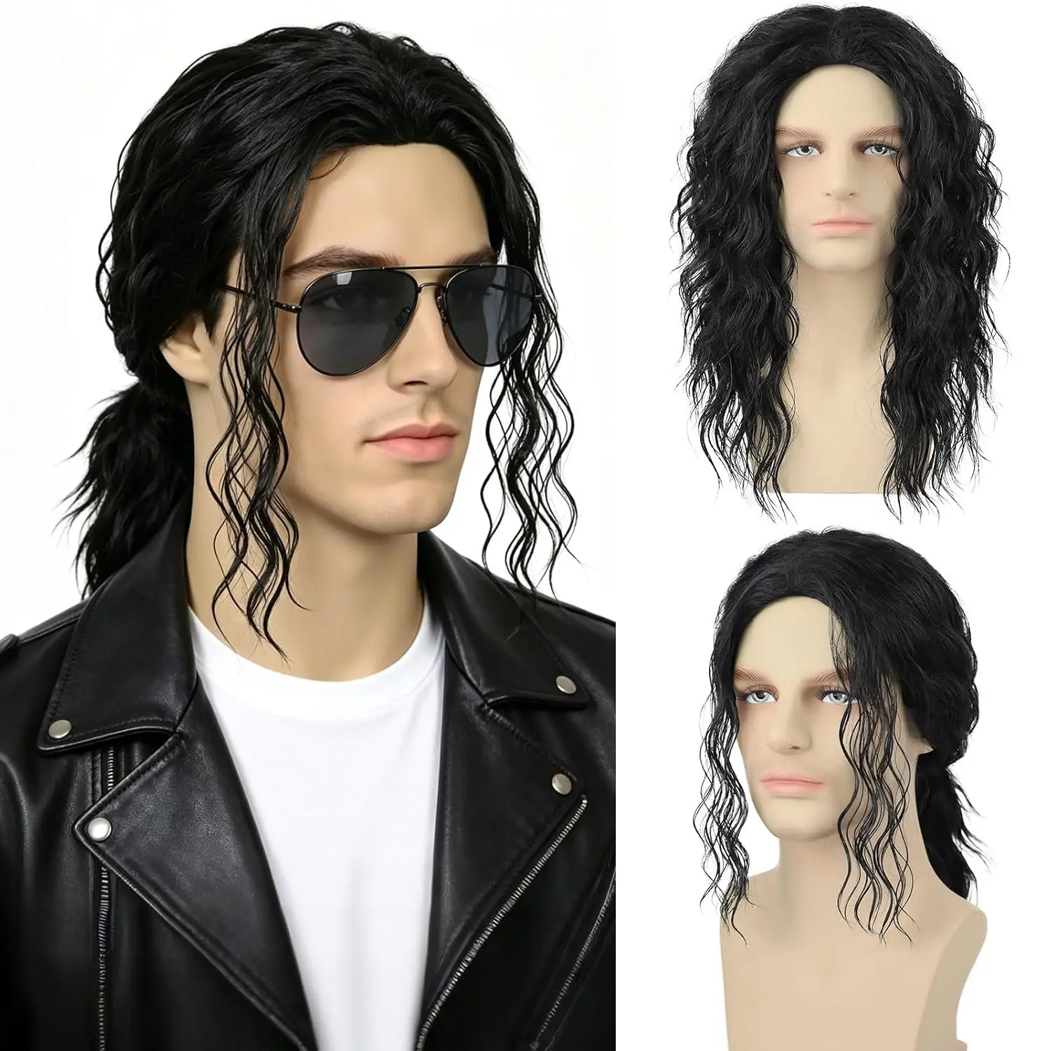 Peluca Negra Rizada para Hombre, Estilo Mullet de los 70 y 80, Peluca Sintética Larga y Ondulada para Disfraces, Halloween, Cosplay y Fiestas Retro