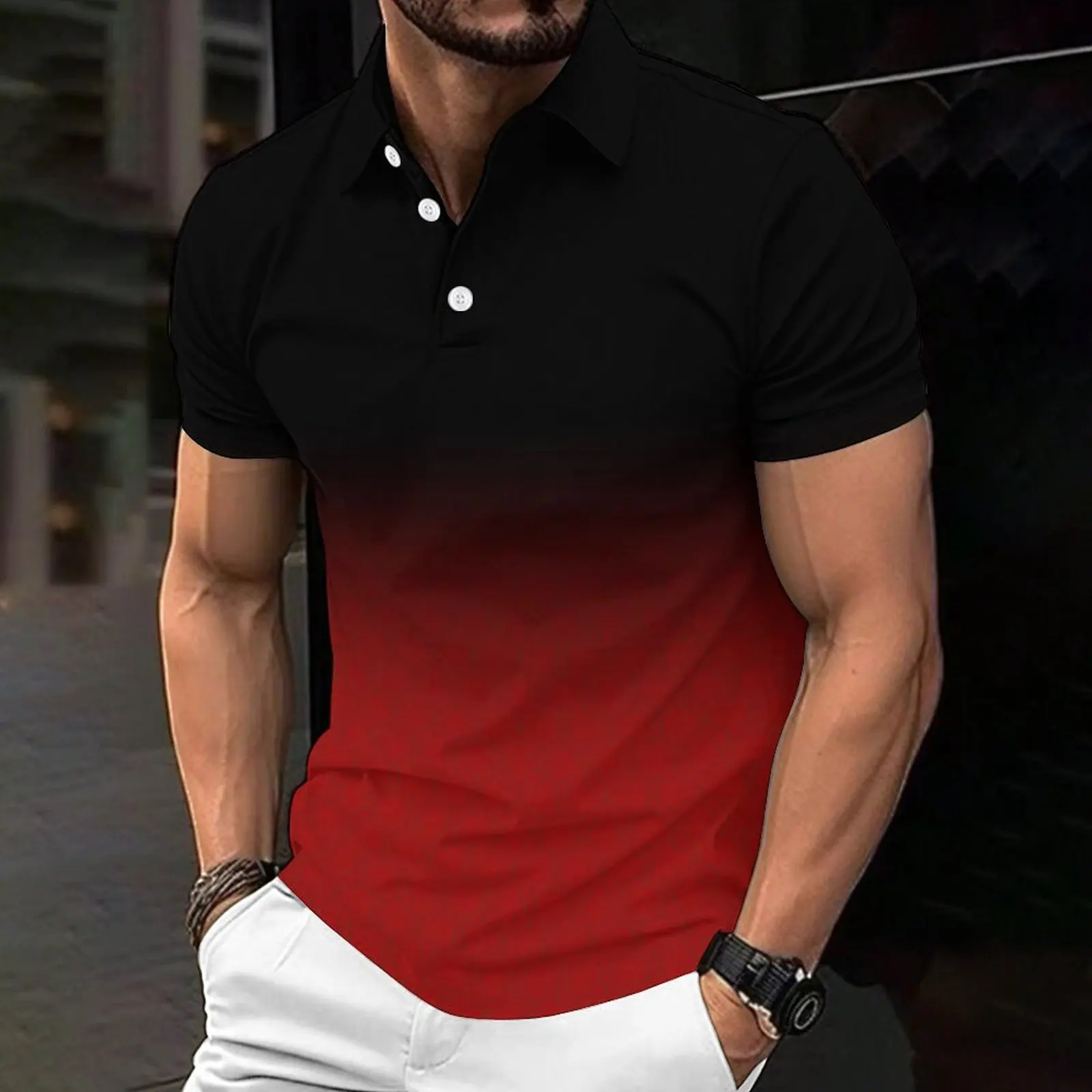 Black and red gradual change splicing loose men's short sleeves