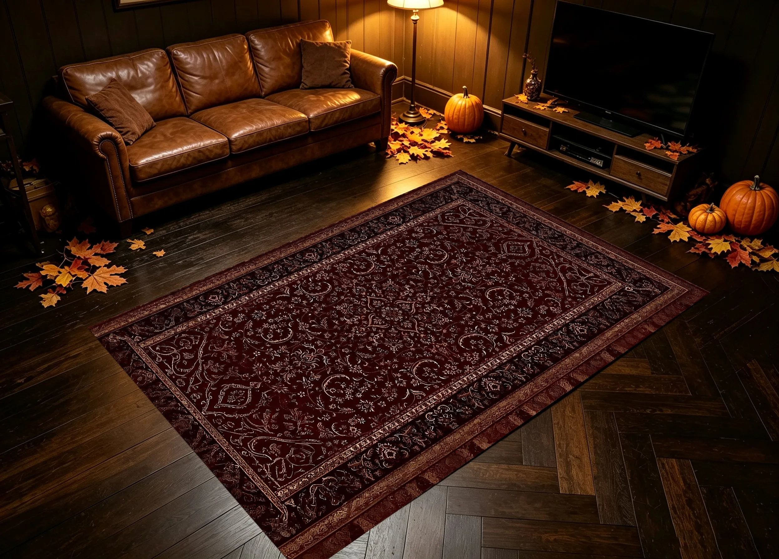 A Reddish-Brown Persian Velvet Rug with Intricate Floral Patterns, Perfect for Christmas and New Year, Adding a Warm Ambiance to the Living Room, Bedroom, or Bedside Area, Creating a Cozy Autumn/Winter Feel