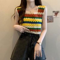 Vintage Vest y2k Stripes Square Neck Female Lingerie Sleeveless Shoulder Strap Knitted Camisoles Crochet Crop Tops Bikini Tanks