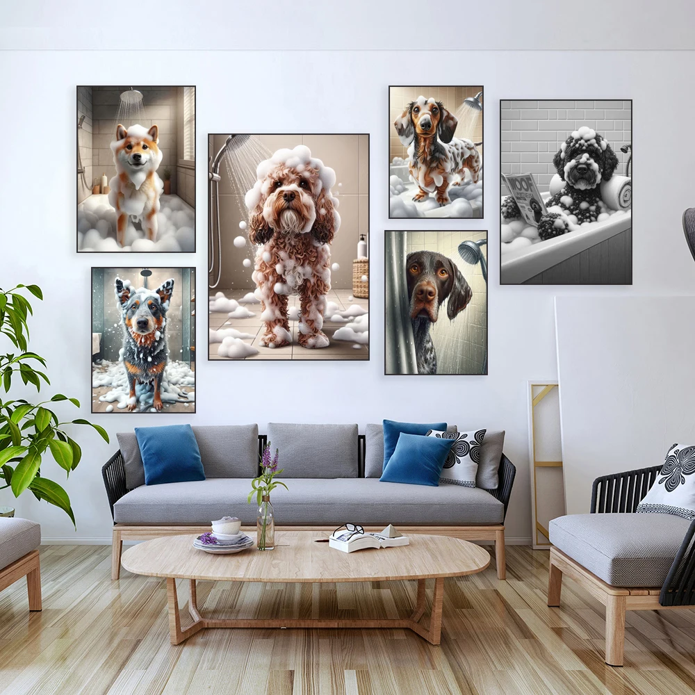 Funny dachshund, blue heeler, dalmatian, wheaten terrier, vizsla, portuguese water dog bathing print, bathroom decoration poster
