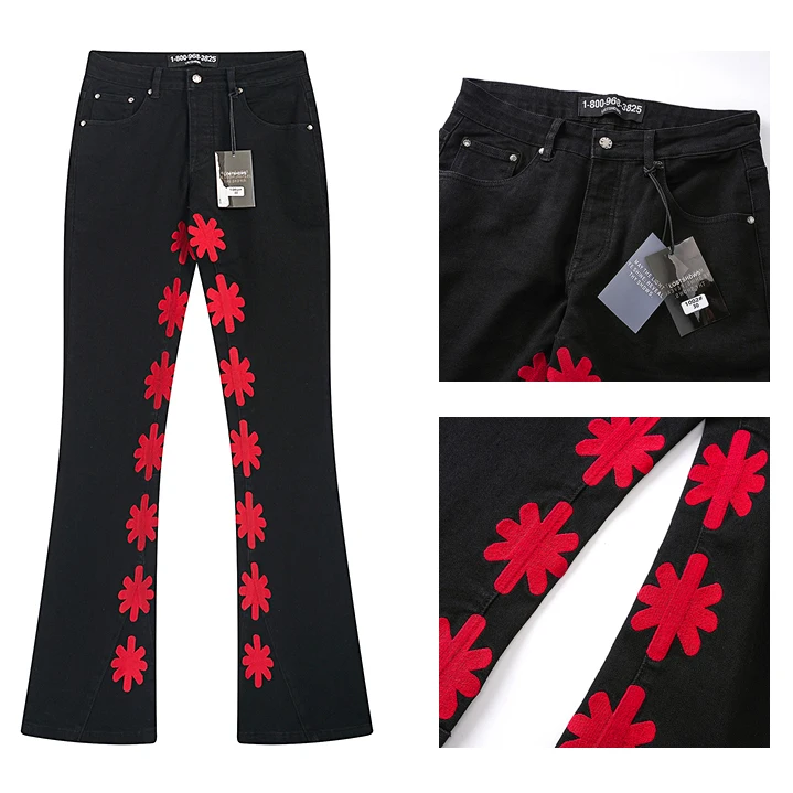 

Мужские и женские джинсы LOST SHDWS с красной цветочной вышивкой, американские модные расклешенные брюки, эластичные джинсы Lostshdws