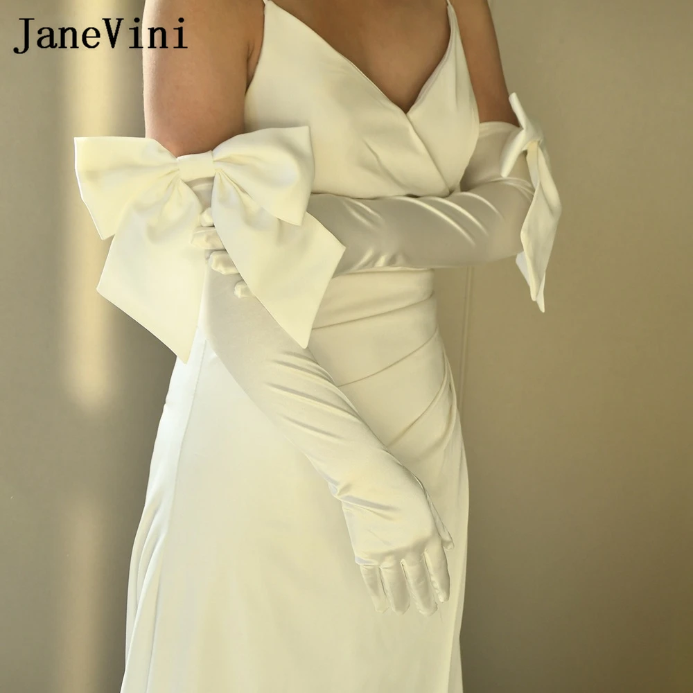 JaneVini 2025 White Satin Long Wedding Gloves for Bride Big Bow Elegant Full Finger Womens Bridal Wedding Sleeves Party Gloves