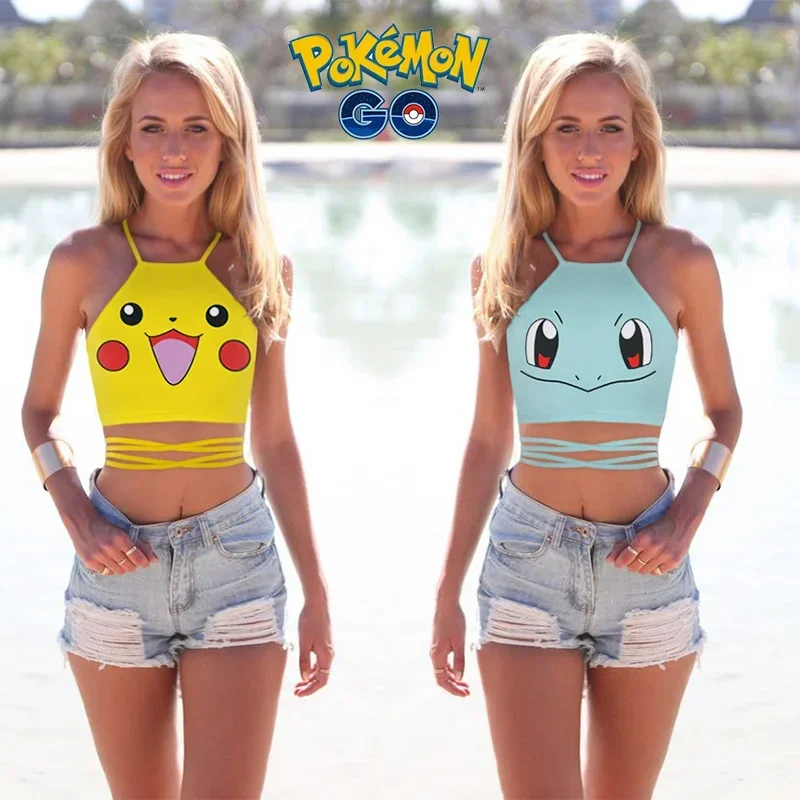 Pokemon Pikachu Camisoles Anime Summer Women Sexy Crop Top Seaside Babes Tank Top Hollow Strap Sleeveless Tights Vest T-shirt