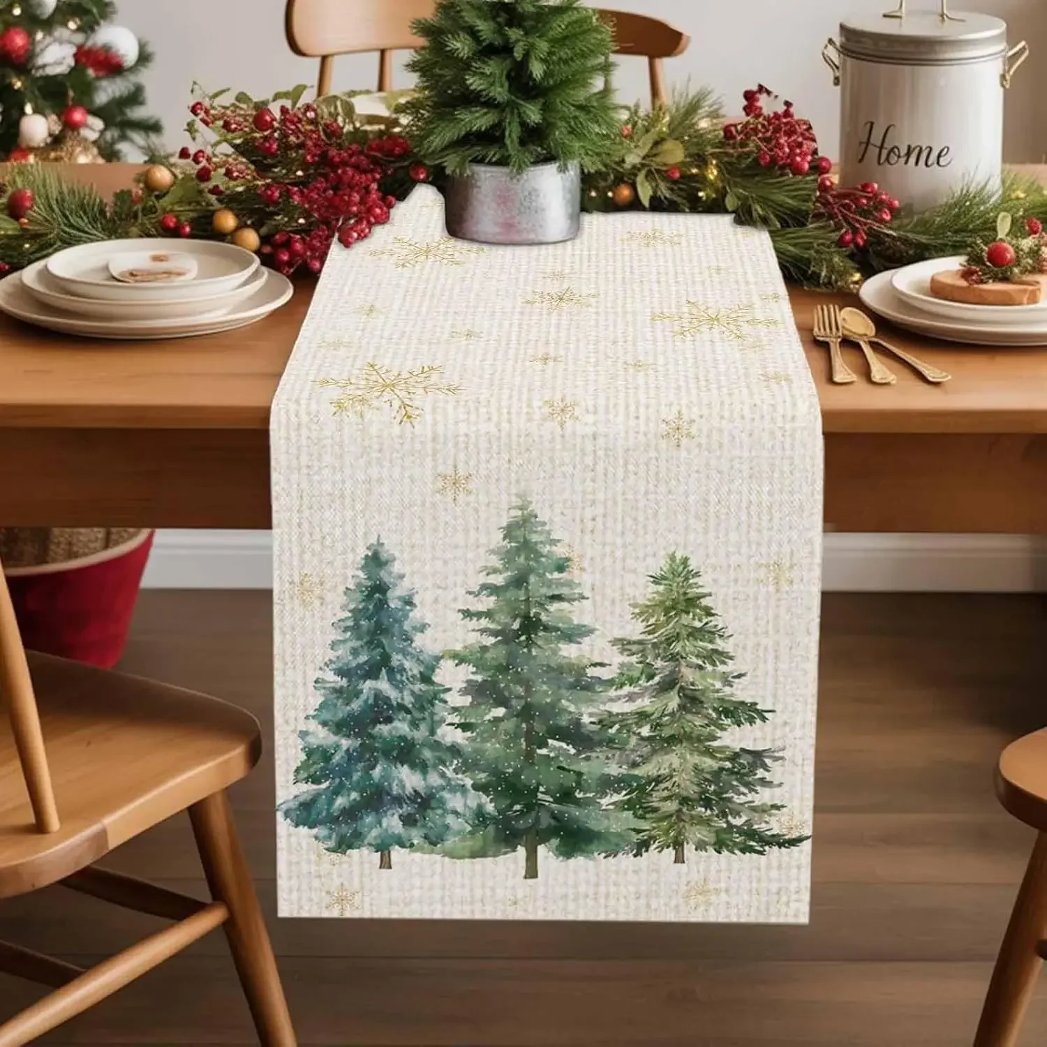 Christmas Snowflakes Pine Trees Linen Table Runner Party Decor Reusable Winter Kitchen Dining Table Runner Christmas Decorations