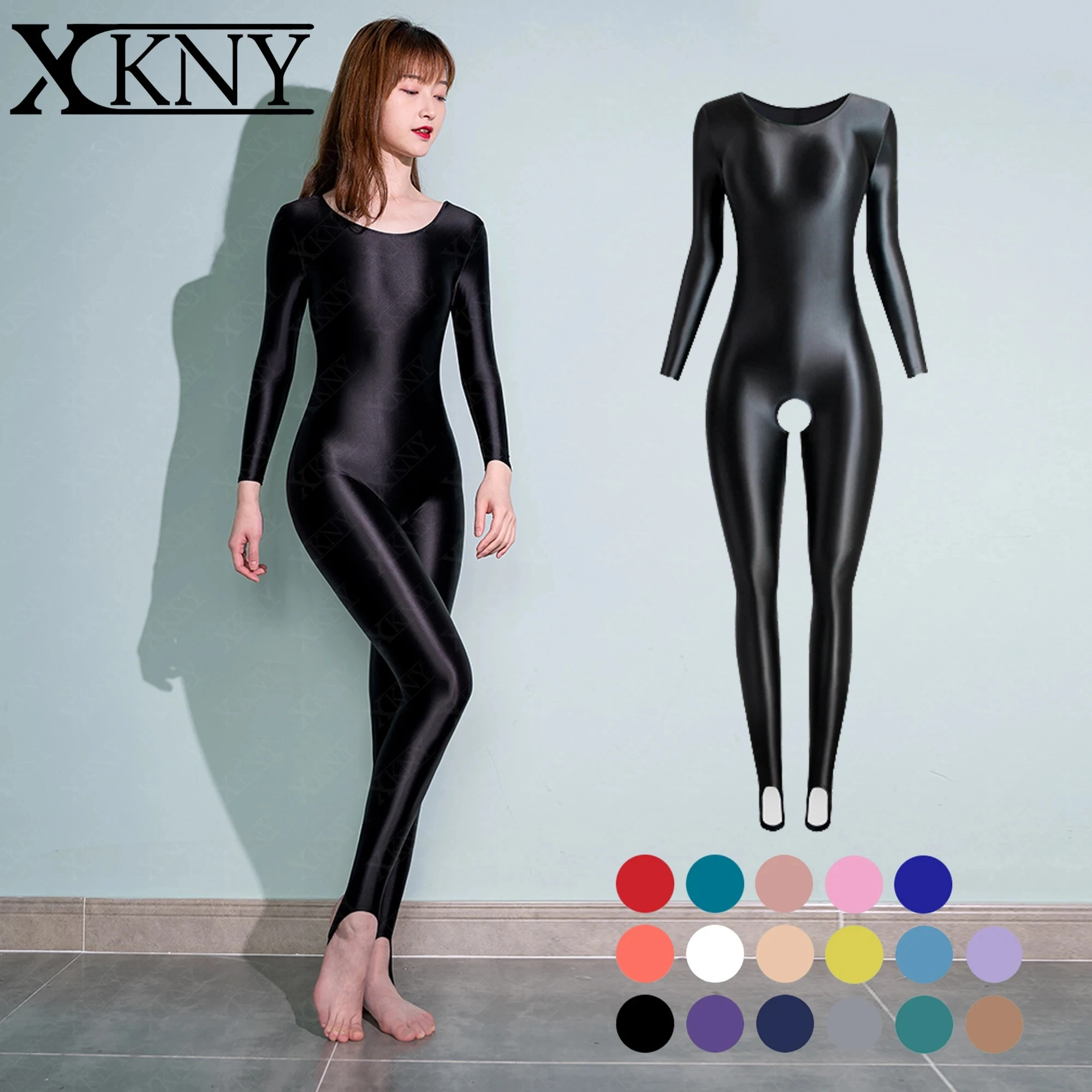 

XCKNY oil glossy tights sexy smooth slip round neck one piece pants casual step on one-piece pants sexy yoga glossy jumpsuit