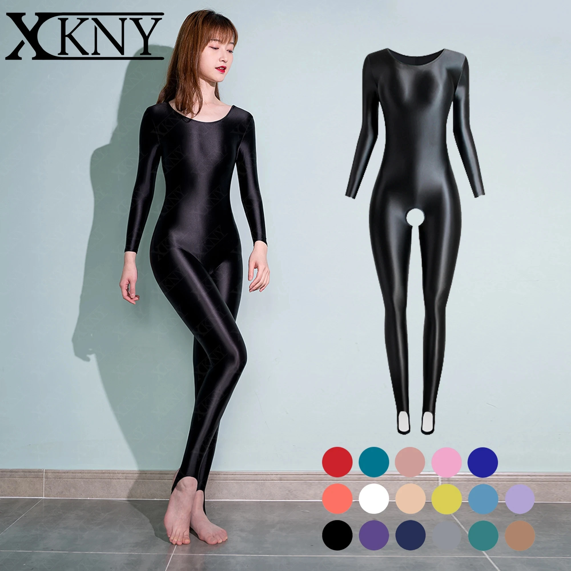 XCKNY oil glossy tights sexy smooth slip round neck one piece pants casual step on one-piece pants sexy yoga glossy jumpsuit