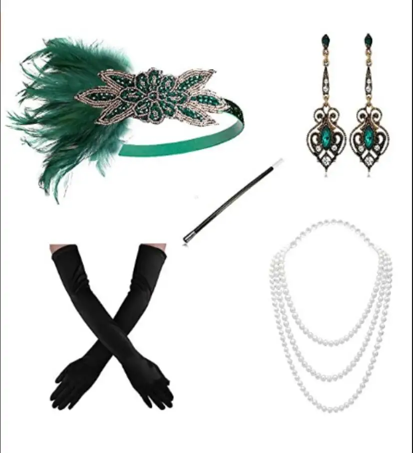 Conjunto de acessórios combinando vestido flapper vintage, fantasia de Charleston verde, grande Gatsby, faixa de penas, 2019