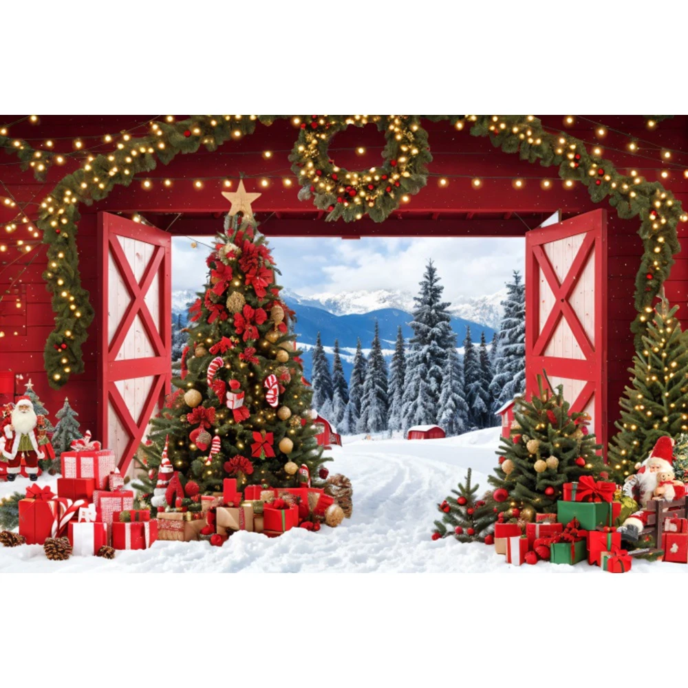 Christmas Backdrop Red Wooden Door Xmas Tree Forest Gifts Fireplace Wreath Christmas Kids Family Portrait Photography Background