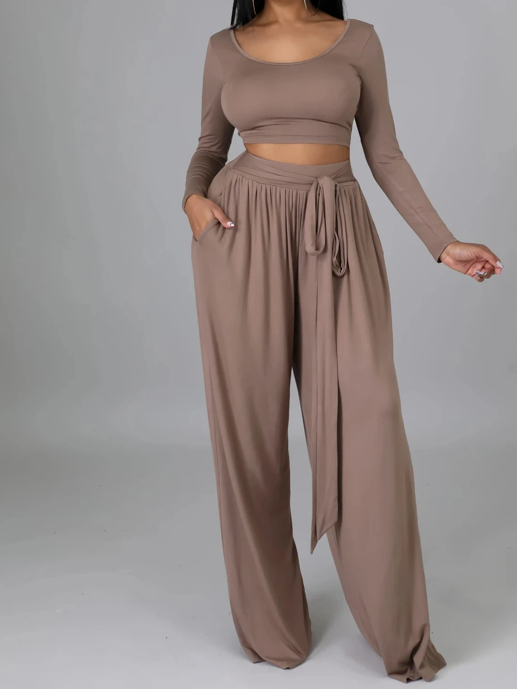 Women's Clothing Set Autumn and Winter Fashion New Solid Color Tight-fitting Blouse Strappy Wide-leg Trousers Two-piece Casual