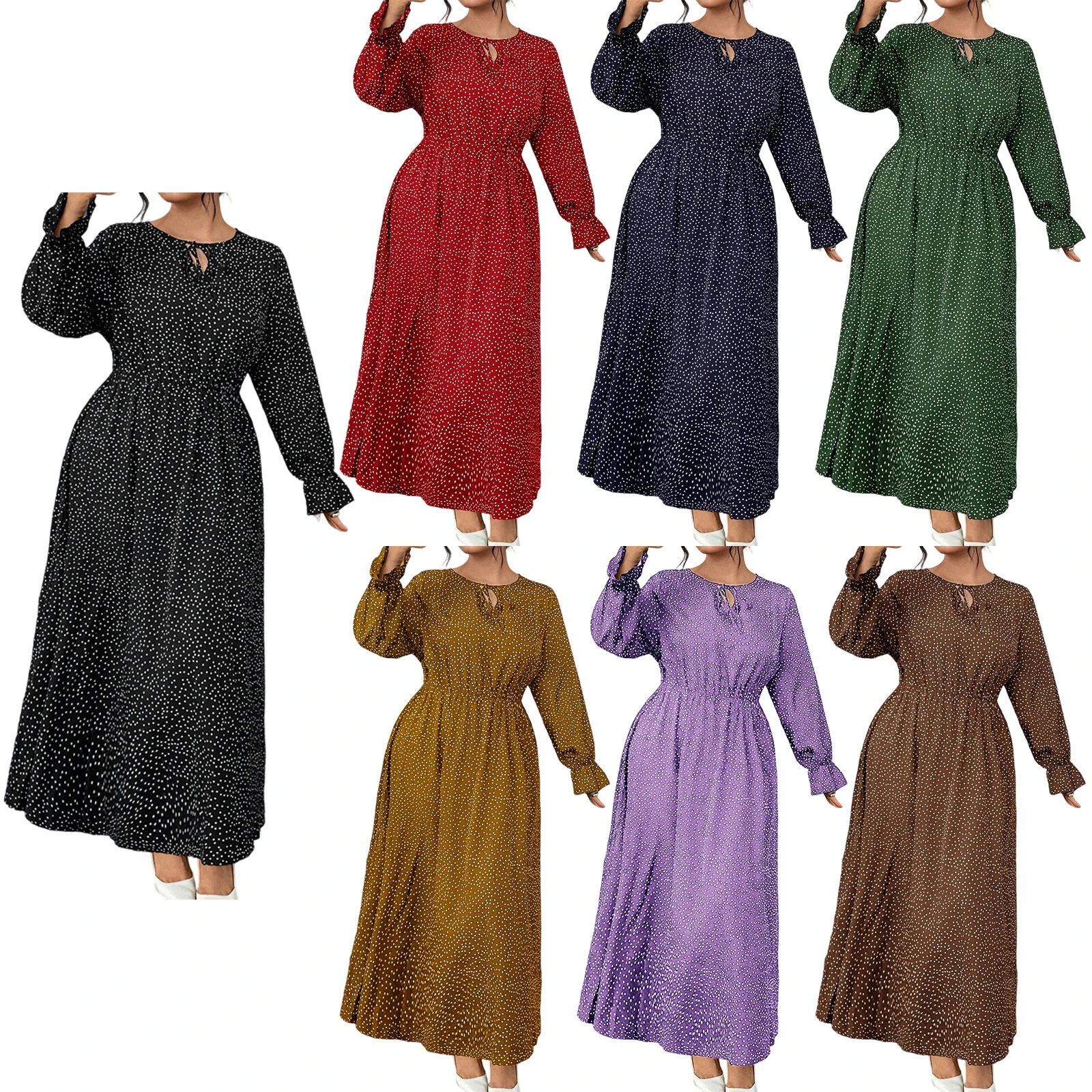 เดรสยาวพิมพ์ลายจุดเซ็กซี่แฟชั่นฤดูใบไม้ผลิปี 2026 สำหรับผู้หญิงไซส์ใหญ่ คอกลม แขนยาว ทรงเอไลน์ สไตล์ลำลอง ใส่ได้ทั้งฤดูใบไม้ร่วงและสตรีทแวร์