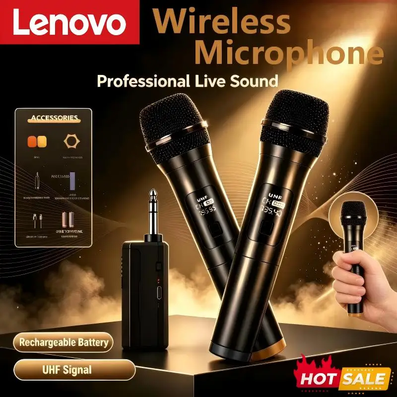 Lenovo Wireless Microphone 2.4G UHF Fixed Frequency 2 Channels Handheld Micphone For Karaoke  Live Party Professional Meeting