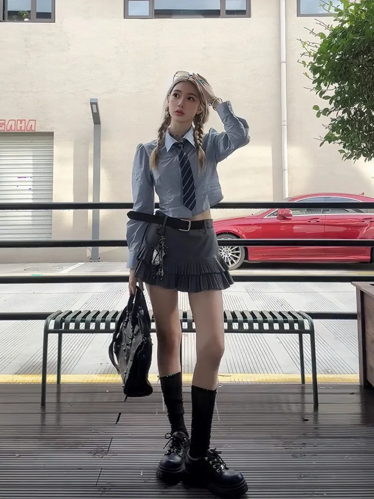 

American College Style Women's Blue Short Sleeve Shirt A-Line Pleated Suit High Waist Skirt Two-Piece Set Casual Fashion