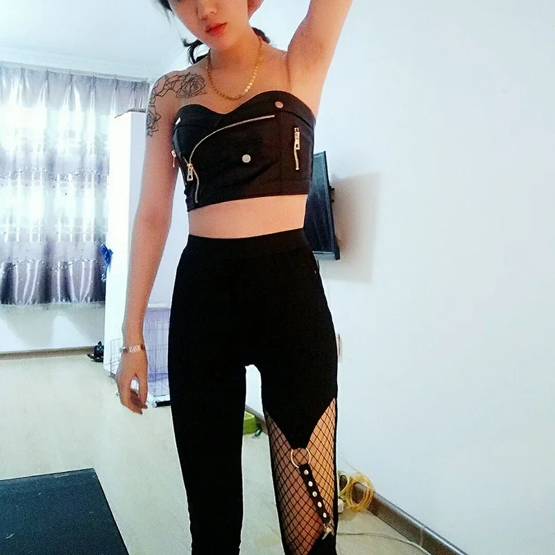 Gothic Devil Fashion Punk Harajuku Leather Strap Ring Hollow Rivet Women Punk Pencil Pants Female Black Casual Tight Trousers