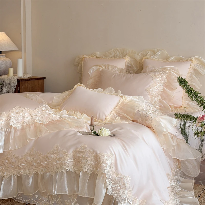 100S Egyptian Cotton Princess Wedding Bedding Set Lace Floral Embroidery Chiffon Ruffle Duvet Cover Bed Sheet Pillowcases 4Pcs