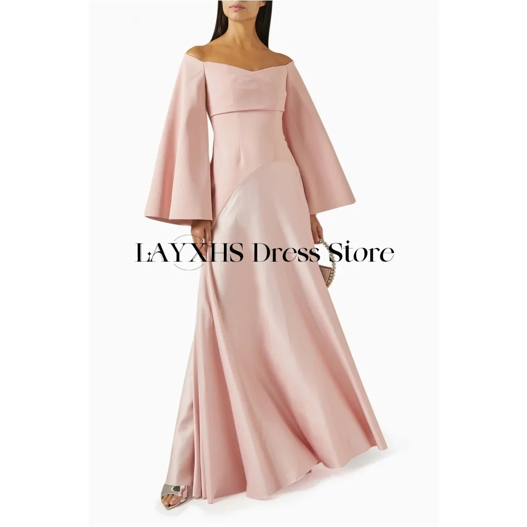 

Customized Saudi Arabic Evening Dresses Dusty Rose Pleat Satin Off Shoulder Long Sleeve Formal Party Dress A Line Prom Gown 2025