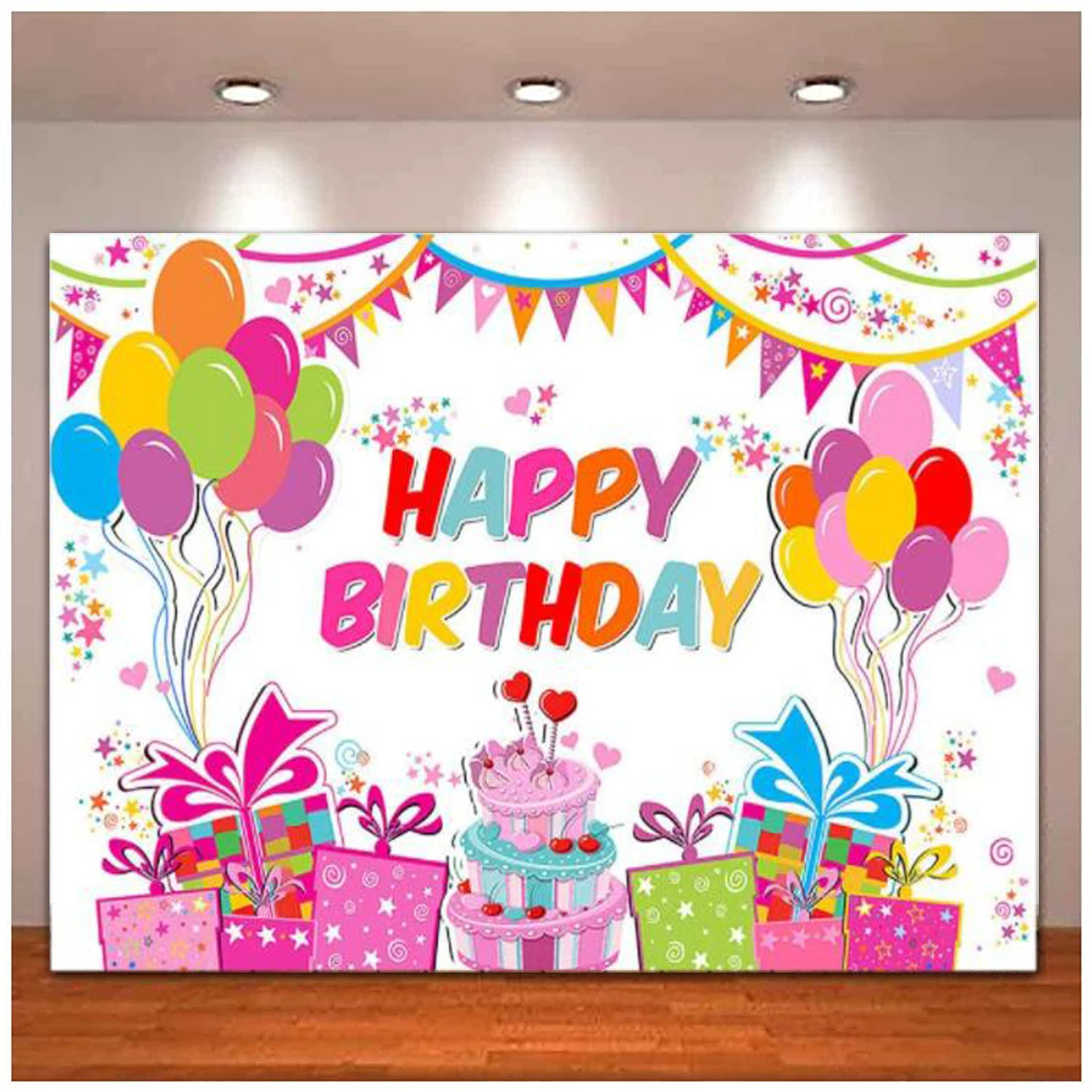 

Happy Birthday Party Photography Backdrop Decor Colorful Balloons Confetti Candle Kid Bday Flag Event Celebration Background