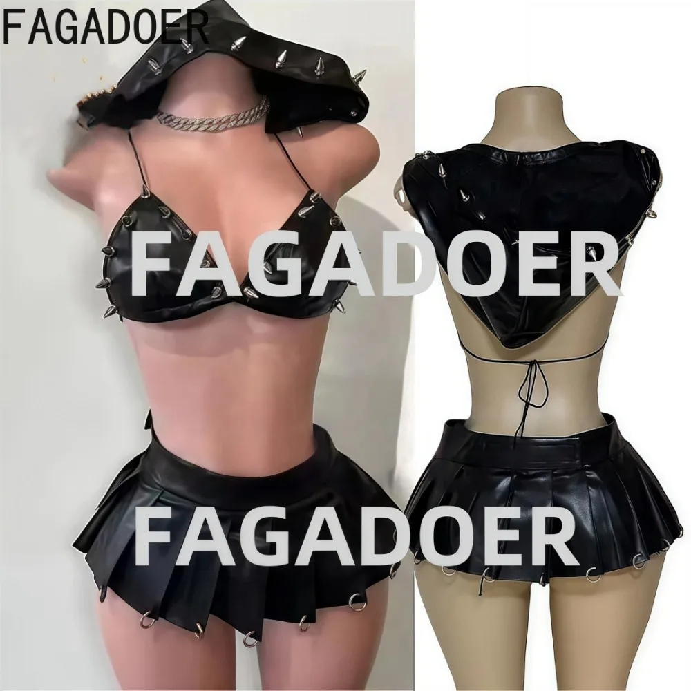 

FAGADOER Punk Sexy Leather Pleated Mini Skirts Two Piece Set Women Hooded Backless Lace Up Crop Top And Skirts Nightclub Outfit