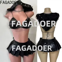 FAGADOER Punk Sexy Leather Pleated Mini Skirts Two Piece Set Women Hooded Backless Lace Up Crop Top And Skirts Nightclub Outfit